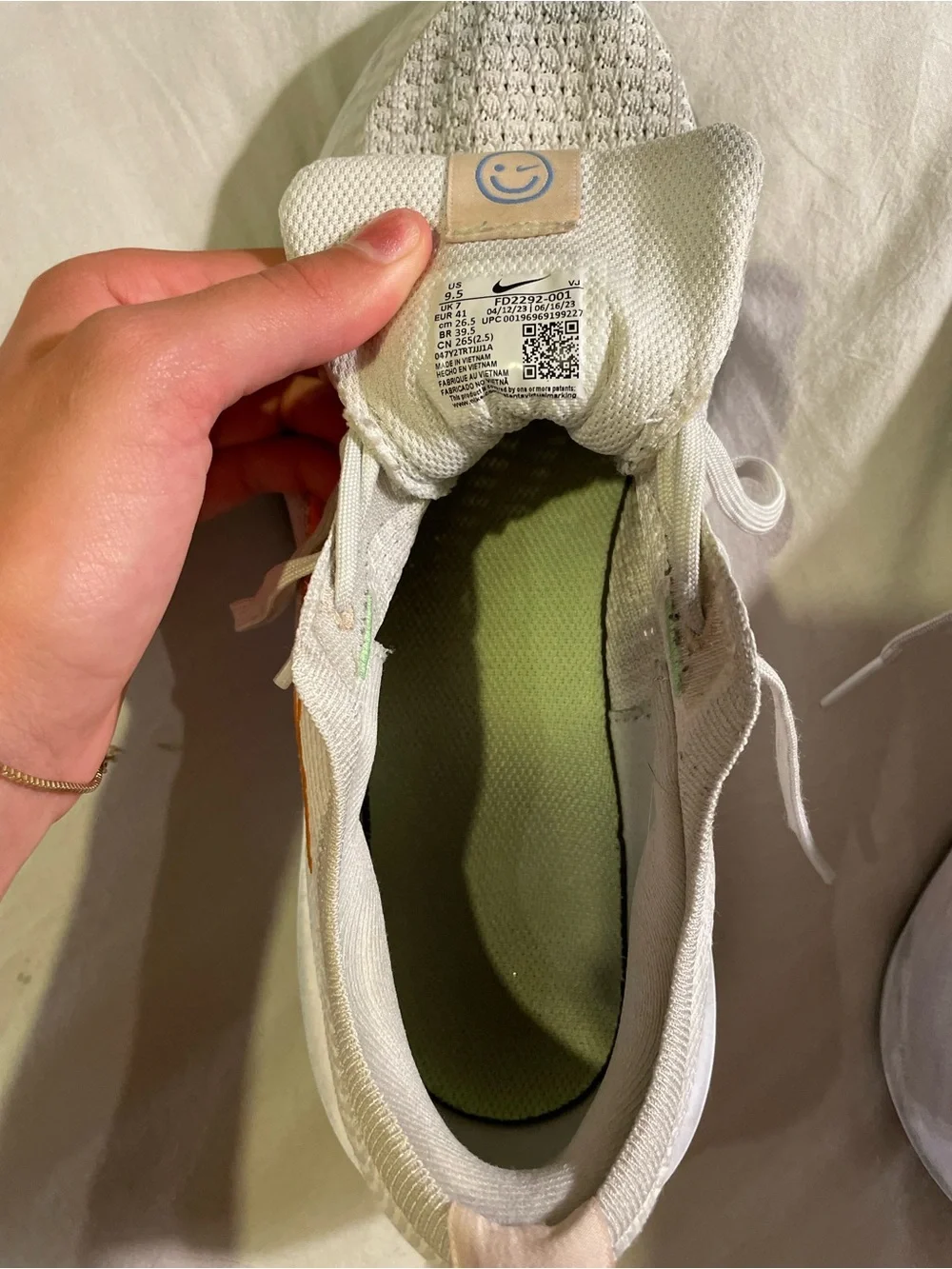 Nike Womens 9.5 Light Gray/neon green Sneakers with Orange Swoosh